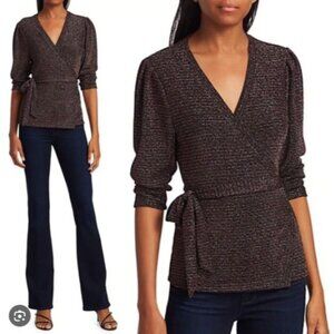 Paige Womens Medium Jasper Metallic Wrap Top  3/4 Sleeve Stretch Shirt